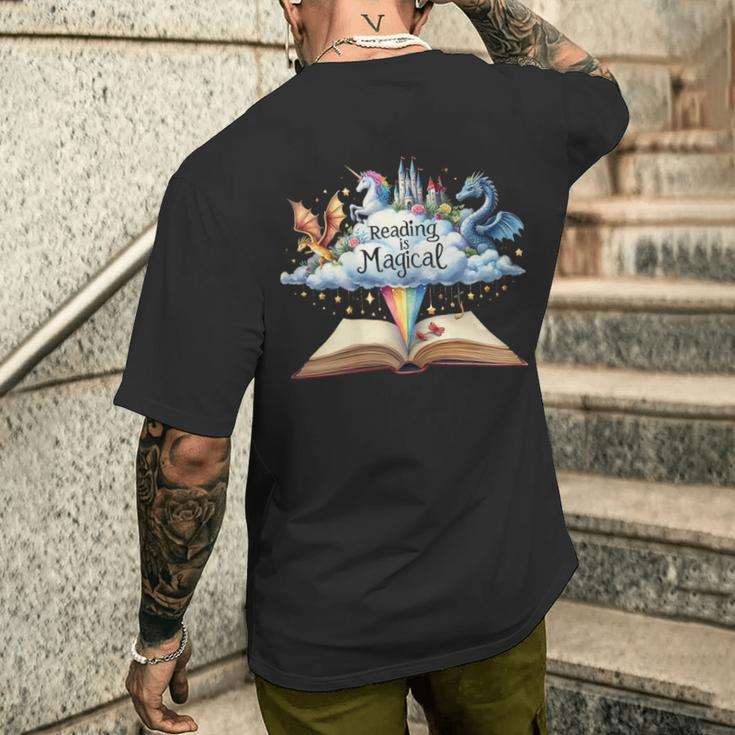 Reading Is Magical Unicorn Dragon Bookworm Book Reader Men's T-shirt Back Print Gifts for Him