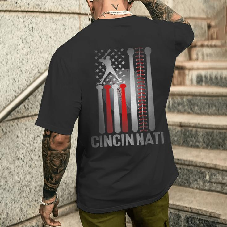 Retro Cincinnati American Flag Distressed Baseball Fans Men's T-shirt Back Print Gifts for Him