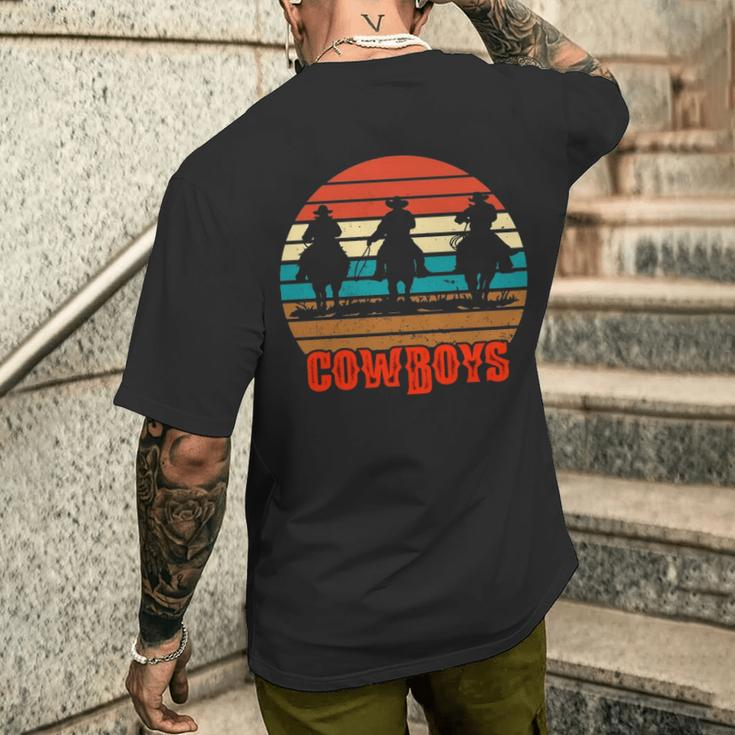 Rodeo Cowboy And Wranglers Bronco Horse Retro Style Sunset Men's T-shirt Back Print Gifts for Him