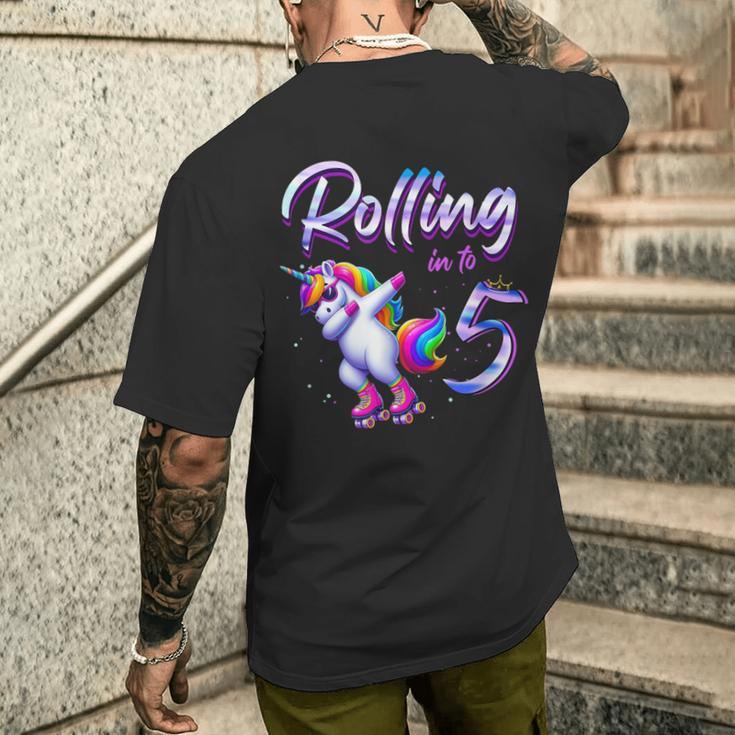 Rolling Into 5 Roller Skating Unicorn 5Th Birthday Party Men's T-shirt Back Print Gifts for Him