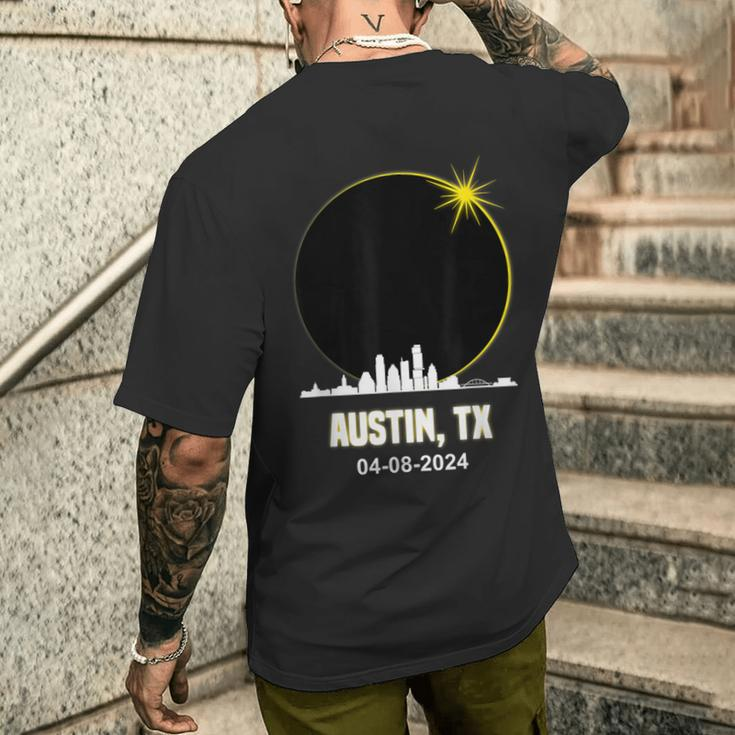 Solar Eclipse 2024 Austin Skyline Texas Total Solar Eclipse Men's T-shirt Back Print Gifts for Him