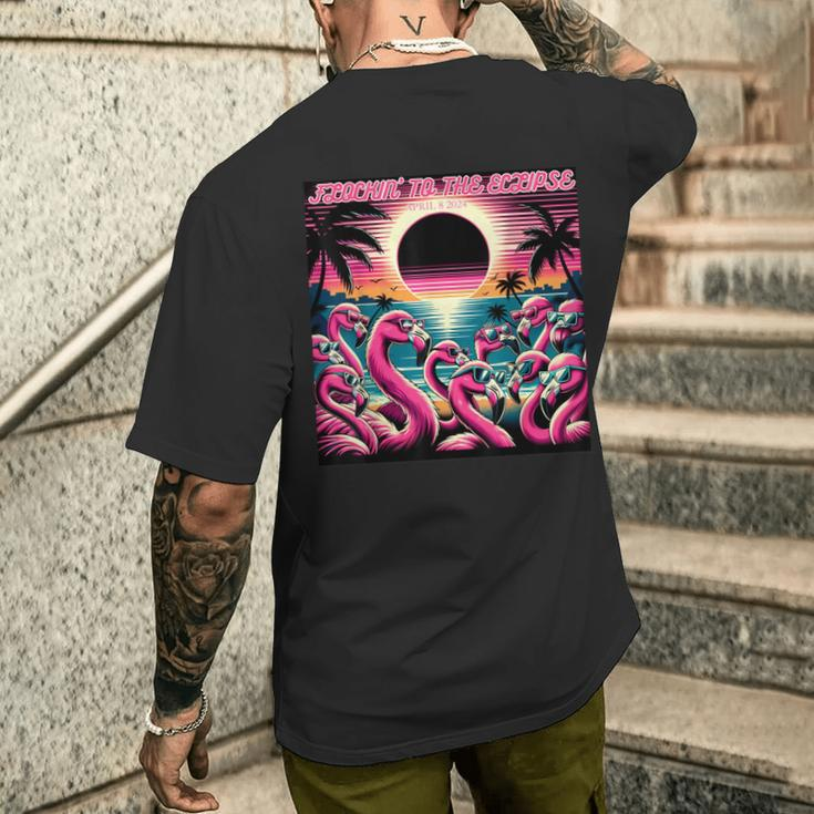Solar Eclipse 2024 Retro Flamingos Flockin' To The Eclipse Men's T-shirt Back Print Gifts for Him