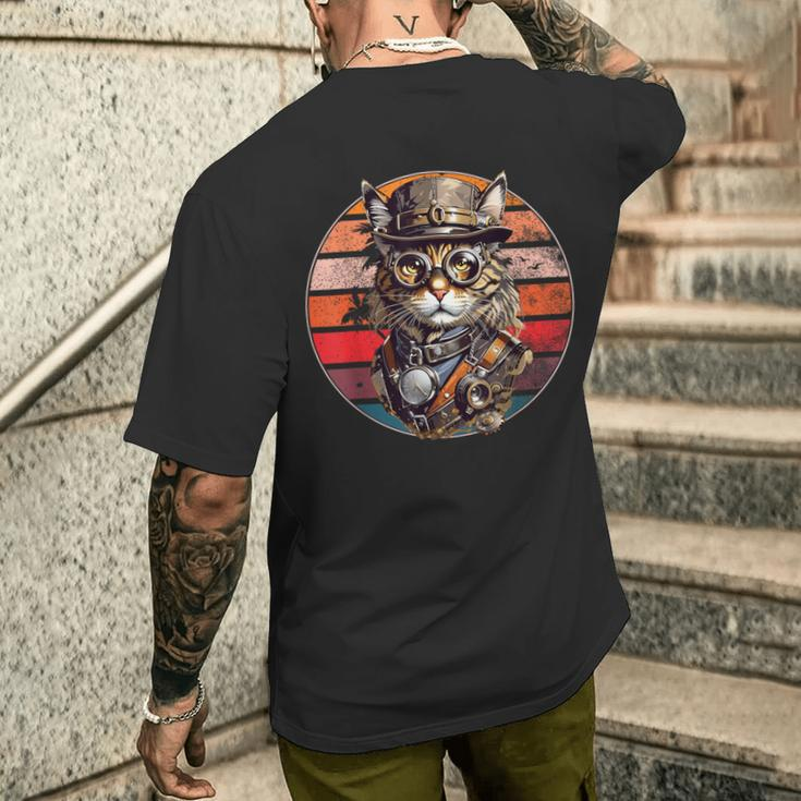 Steampunk Cat Retro Sunset Glasses Hat And Watches T-Shirt mit Rückendruck Geschenke für Ihn