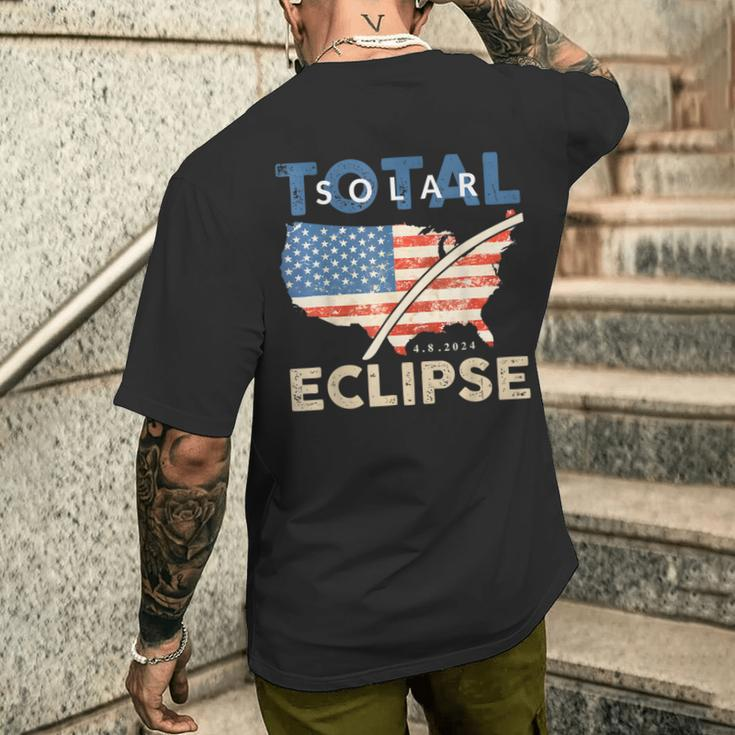Total Solar Eclipse 04 08 2024 Path Of Totality Map Usa Flag Men's T-shirt Back Print Gifts for Him
