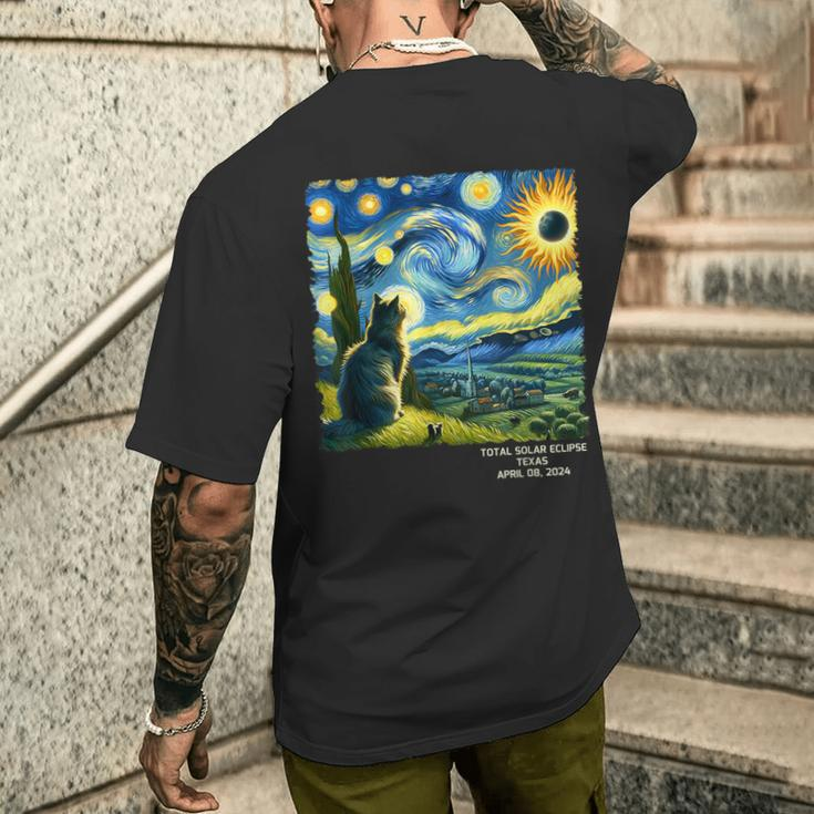 Total Solar Eclipse April 08 2024 Texas Starry Night Cat Men's T-shirt Back Print Gifts for Him