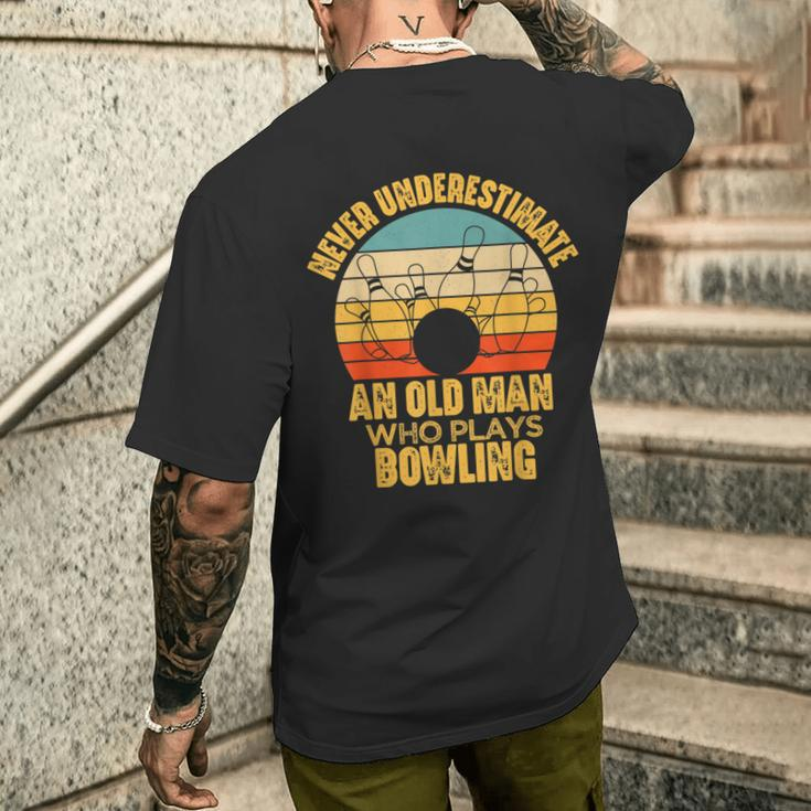 Never Underestimate An Old Man Who Plays Bowling Men's T-shirt Back Print Gifts for Him