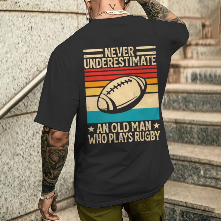 Never Underestimate An Old Man Who Plays Rugby Rugby Men's T-shirt Back Print Gifts for Him