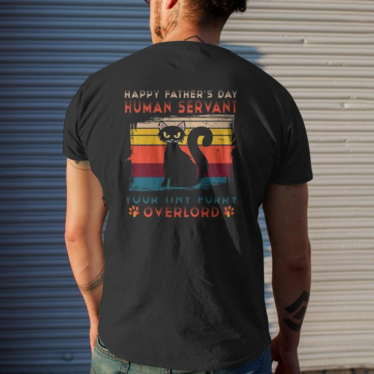 Vintage Happy Father's Day Human Servant Your Tiny Furry Overlord Black Cat Dad Mens Back Print T-shirt Gifts for Him