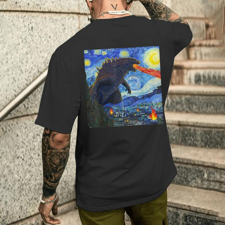 Vintage Japanese Monster Kaiju In Van Gogh Starry Night Men's T-shirt Back Print Gifts for Him