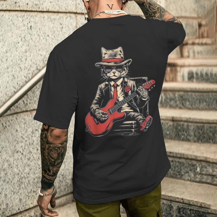 Vintage Jazz Cat Playing Guitar Band Retro Jazz Band Men's T-shirt Back Print Gifts for Him