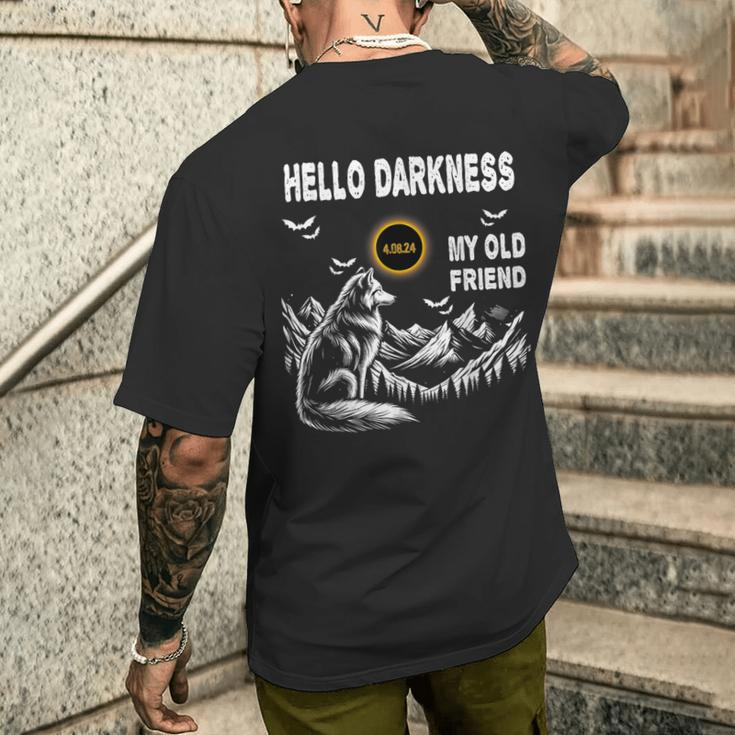 Wolf Hello Darkness My Old Friend Solar Eclipse April 8 2024 Men's T-shirt Back Print Gifts for Him
