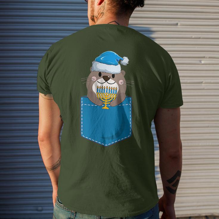 Jewish Otter Santa Menorah In Pocket Hanukkah Pajamas Men's T-shirt Back Print Gifts for Him
