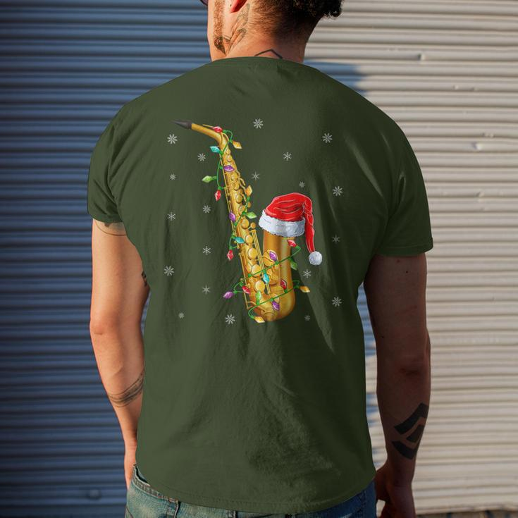 Saxophone Music Lover Xmas Lights Santa Saxophone Christmas Men's T-shirt Back Print Gifts for Him