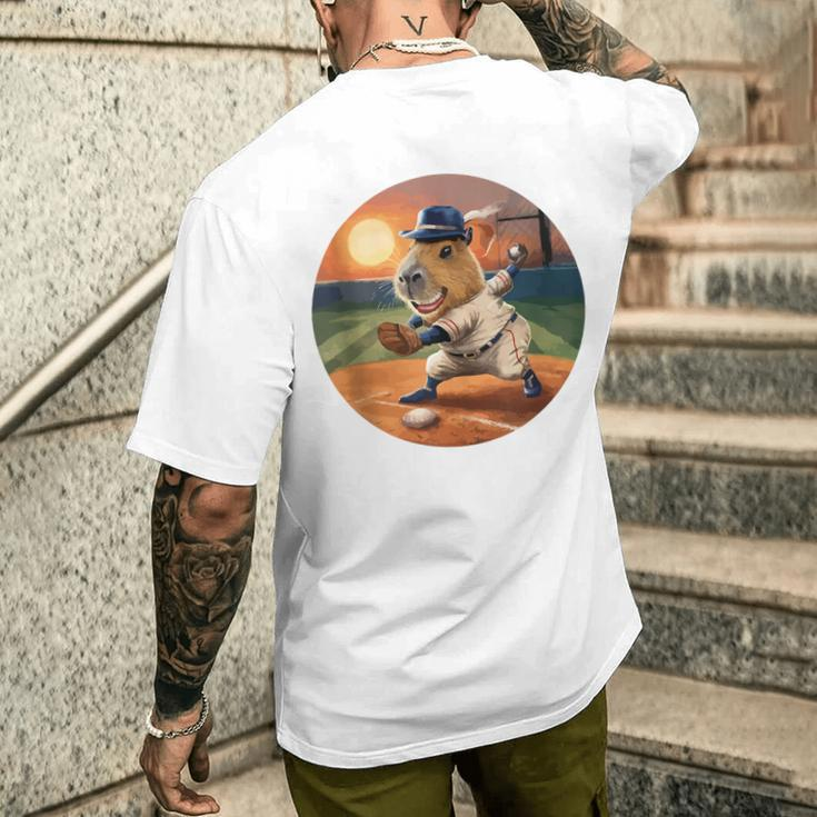 Capybara Playing Baseball Vintage Sunset Sun Capybara Men's T-shirt Back Print Funny Gifts