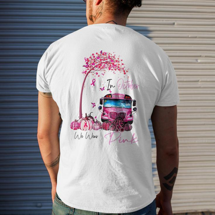 In October We Wear Pink School Bus Pumpkin Breast Cancer Mens Back Print T-shirt Gifts for Him