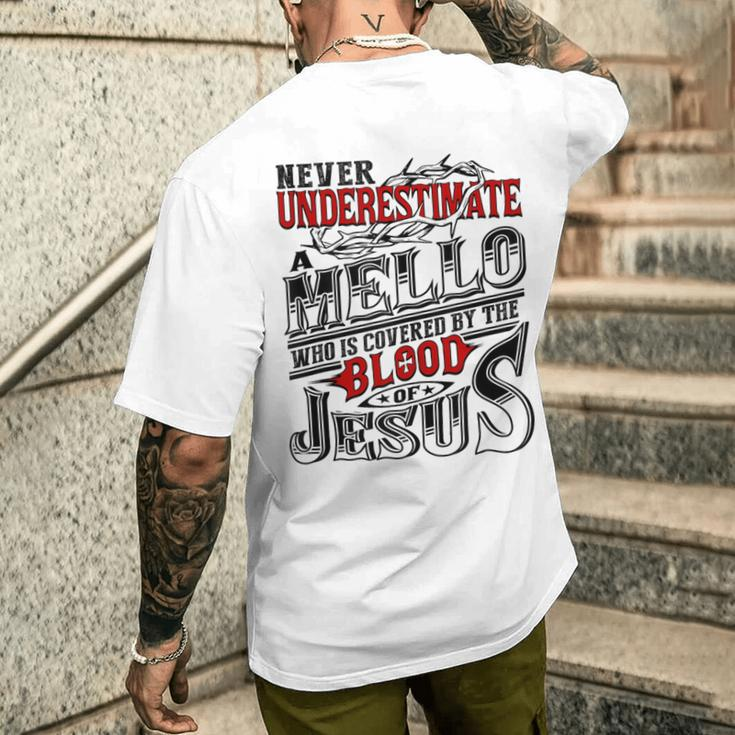 Never Underestimate Mello Family Name Men's T-shirt Back Print Gifts for Him