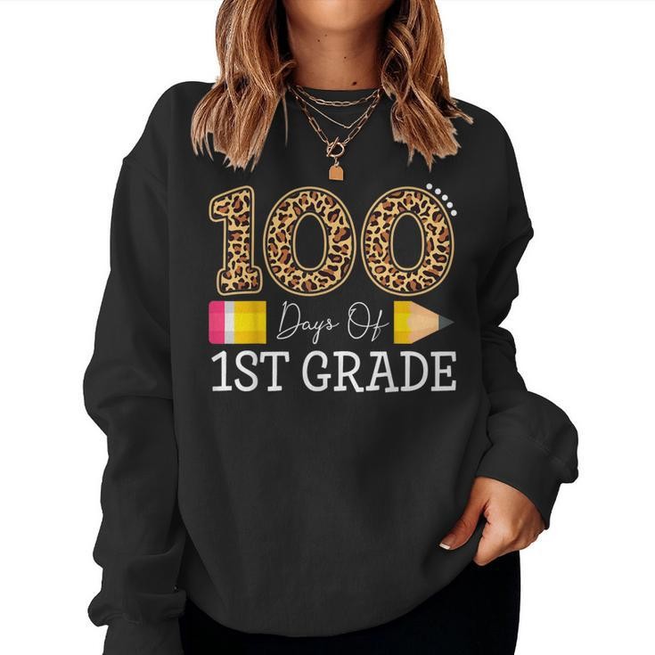 100 Days Of First Grade Leopard Happy 100Th Day Of School Women Sweatshirt