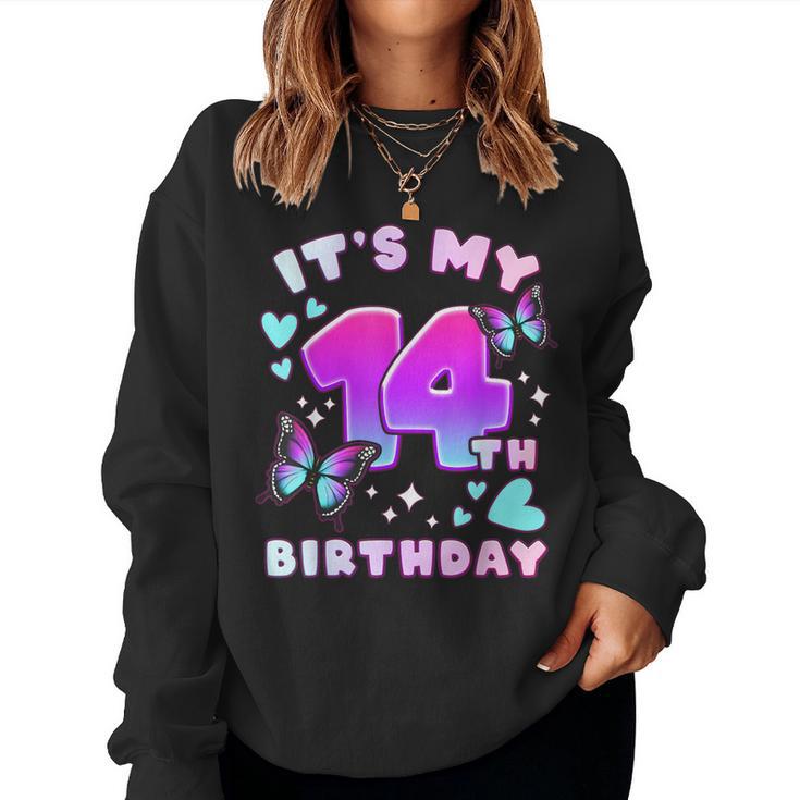 14Th Birthday Girl 14 Years Butterflies And Number 14 Women Sweatshirt