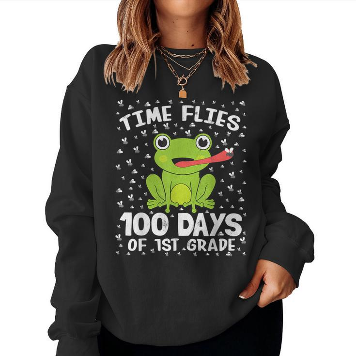 1St Grade 100 Days School Boys Girls Frog Time Flies Fly Kid Women Sweatshirt