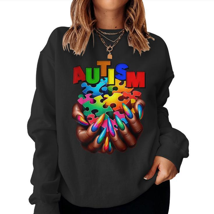 Autism Awareness Hand Black Woman Autism Mom Puzzle Piece Women Sweatshirt