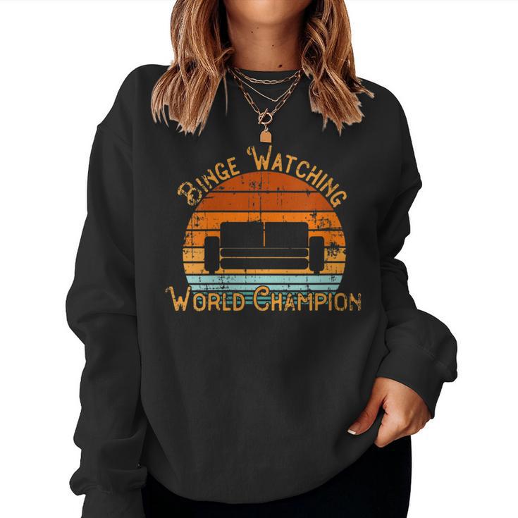 Binge Watching World Champion Retro Gamer Vintage Distressed Women Sweatshirt