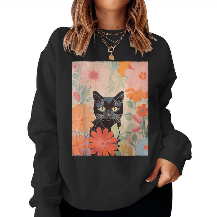 Black Cat And Flowers Cat Lover Cat Floral Cat Women Sweatshirt