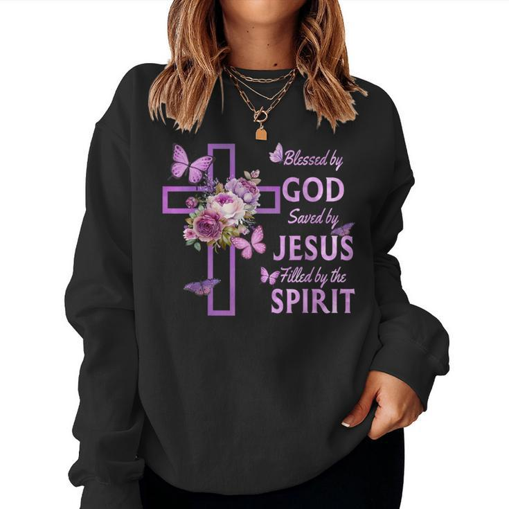 Blessed By God Saved By Jesus Purple Floral Cross Christian Women Sweatshirt