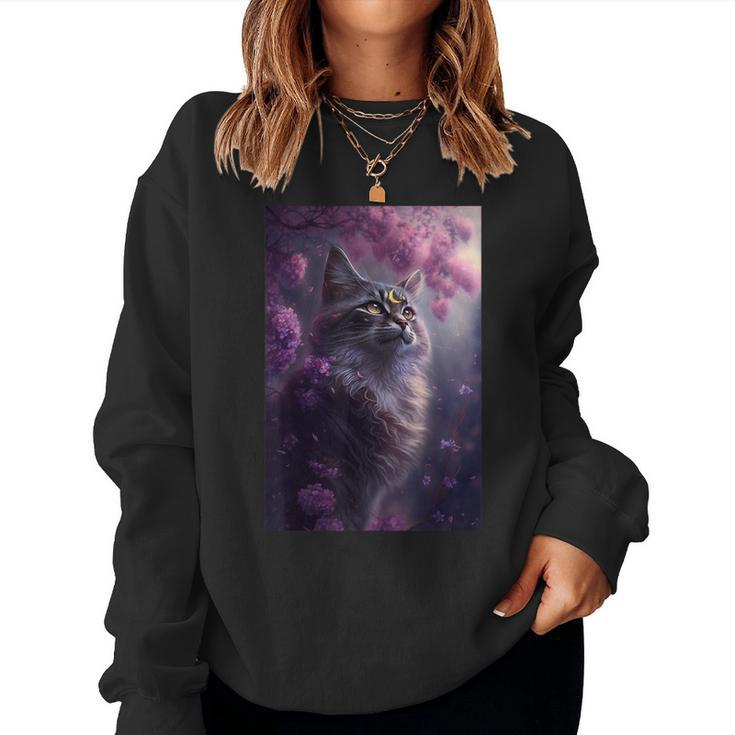 Boho Black Cat Retro Witchy Crescent Moon Purple Lavender Women Sweatshirt