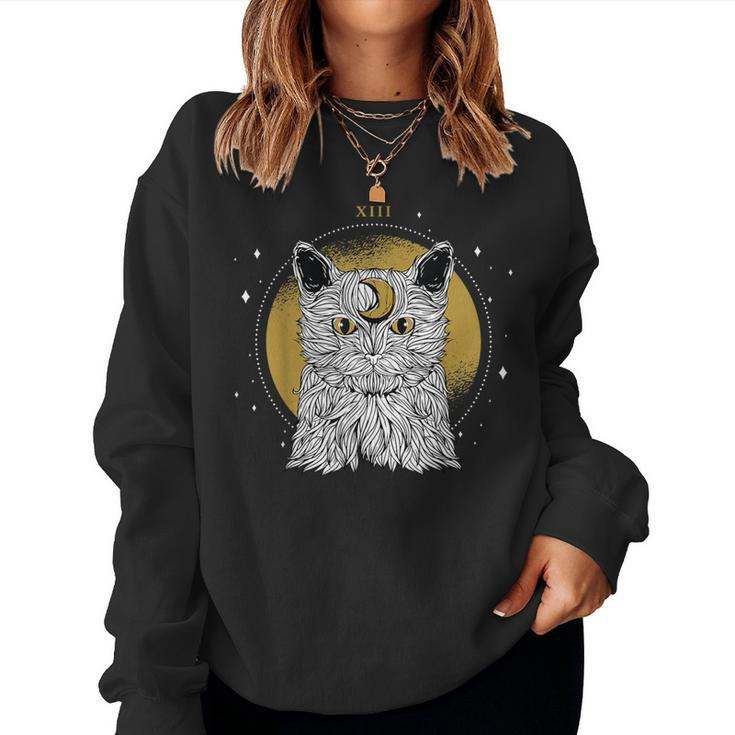 Boho Mystical Feathers Cat Moon Phases Cats Lovers Women Sweatshirt