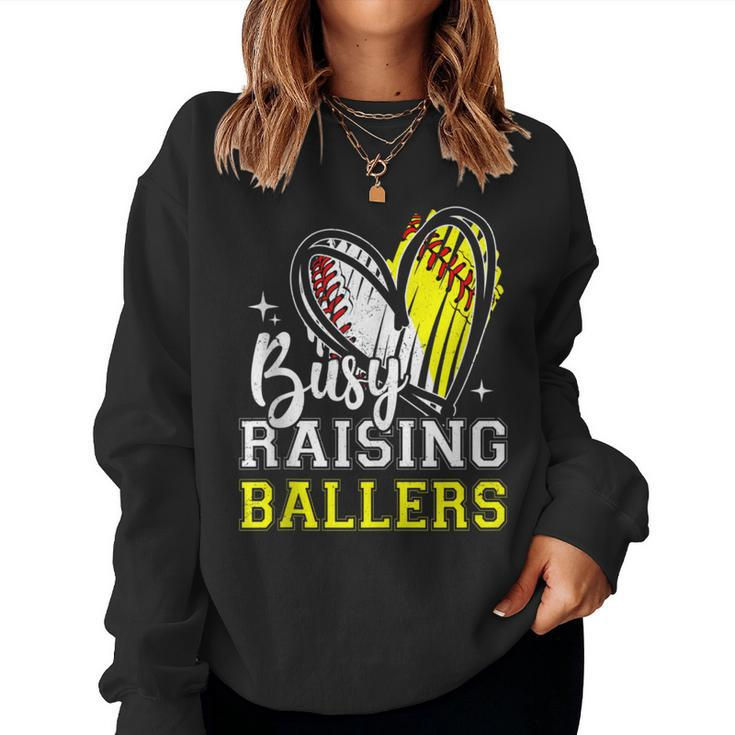 Busy Raising Ballers Heart Softball Baseball Mom Women Sweatshirt