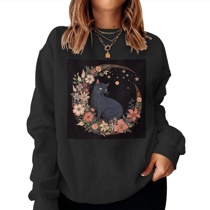 Cat Moon Floral Flowers Graphic Women Sweatshirt