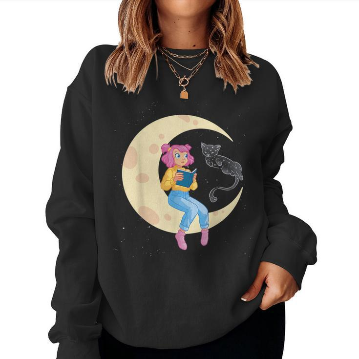 Celestial Cat And Girl Reading Book Read Moon Women Sweatshirt