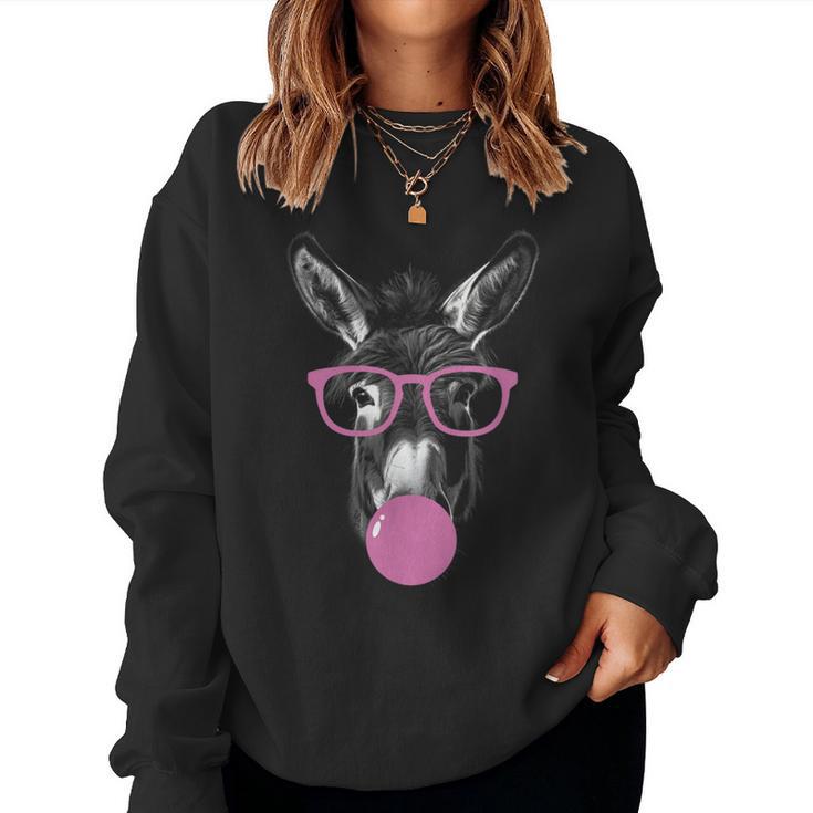 Cool Donkey Face Eating Gum And Makes A Bubble Cute Donkey Women Sweatshirt