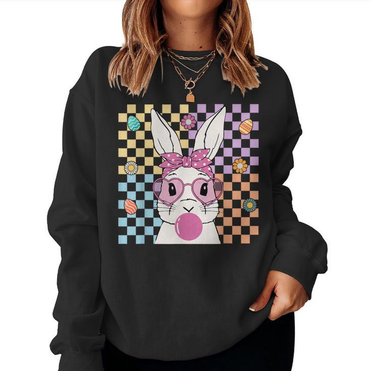 Cute Bunny With Bandana Bubblegum Retro Groovy Easter Day Women Sweatshirt