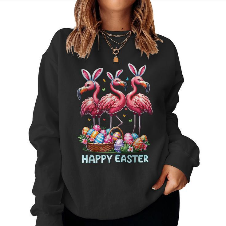 Cute Flamingo With Easter Bunny Egg Basket Happy Easter Women Sweatshirt