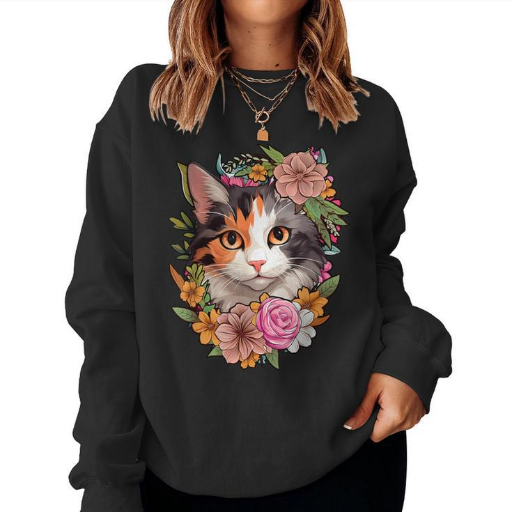 Cute Floral Calico Cat Women Sweatshirt