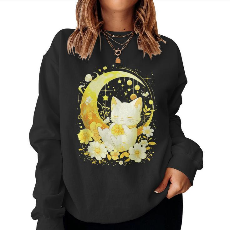 Cute Kawaii Anime Cat Moon Phases Flower Celestial Cat Women Sweatshirt
