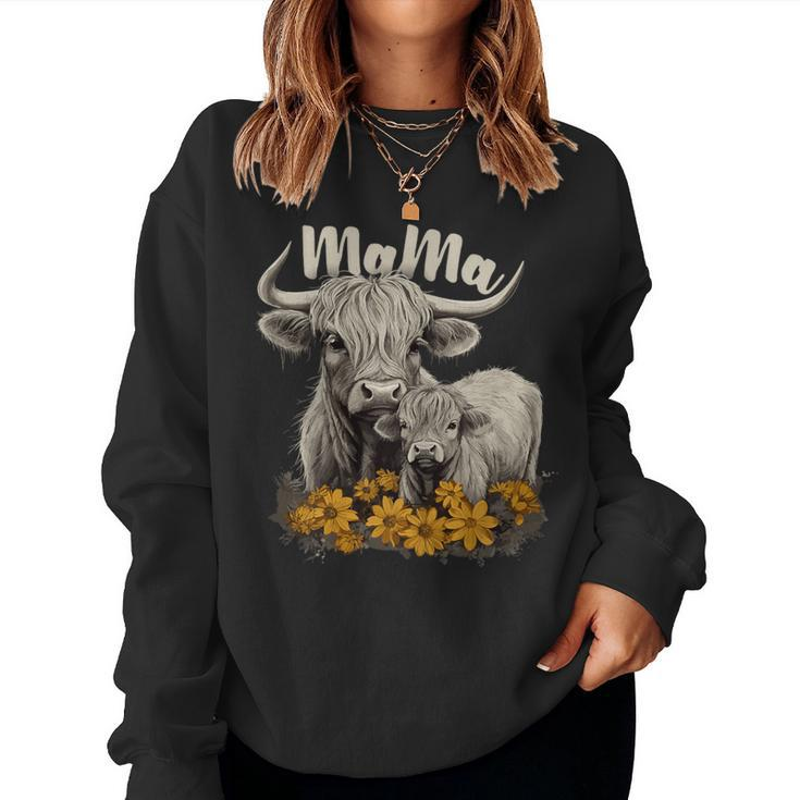 Cute Mama Highland Cow With Baby Calf Flower Cool Animal Women Sweatshirt