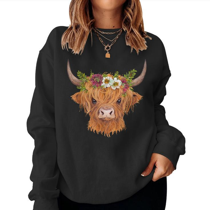 Cute Scottish Highland Cow Flower Head Cattle Calf Women Sweatshirt