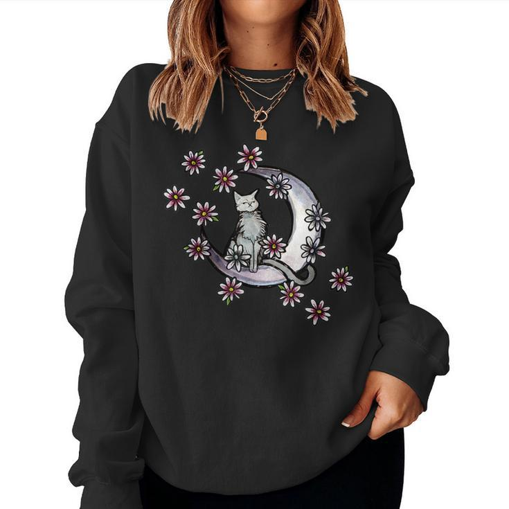 Daisy Flowers Moon Cat Witchy Cats Women Sweatshirt