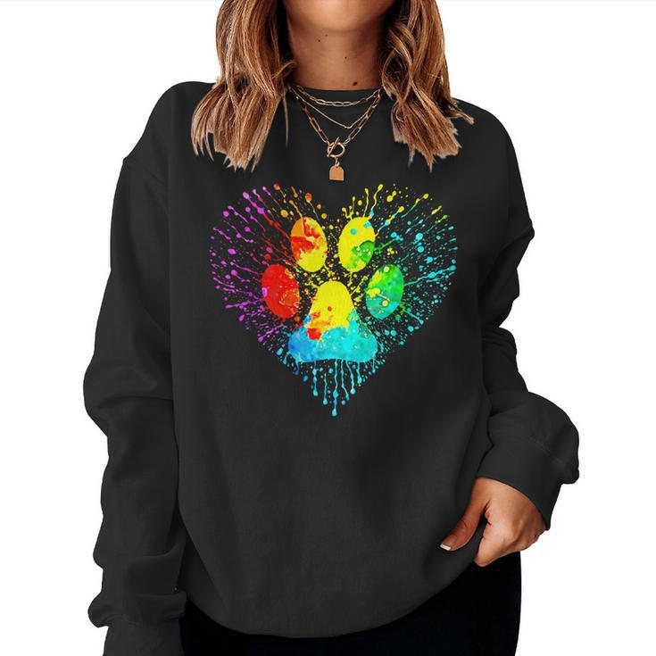 Dog Lover Mom Dad Colorful Heart Dog Paw Print Women Sweatshirt