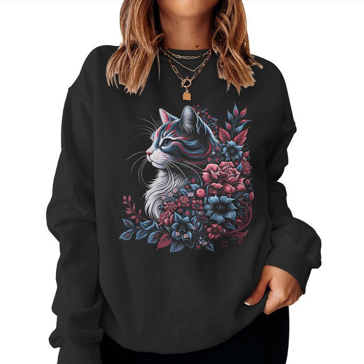 Floral Cat Red White And Blue 4Th Of July Patriotic Women Sweatshirt