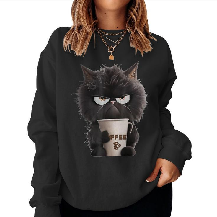 Angry Black Cat Drinking Coffee Loves Coffee Pet Women Sweatshirt