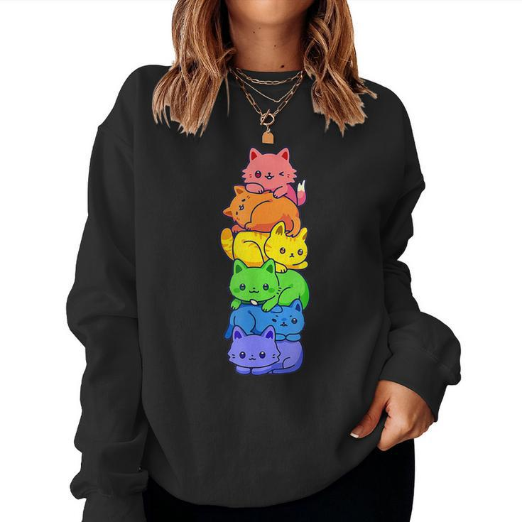 Lgbt Cat Stack Rainbow Gay Pride Anime For Cat Lover Women Sweatshirt