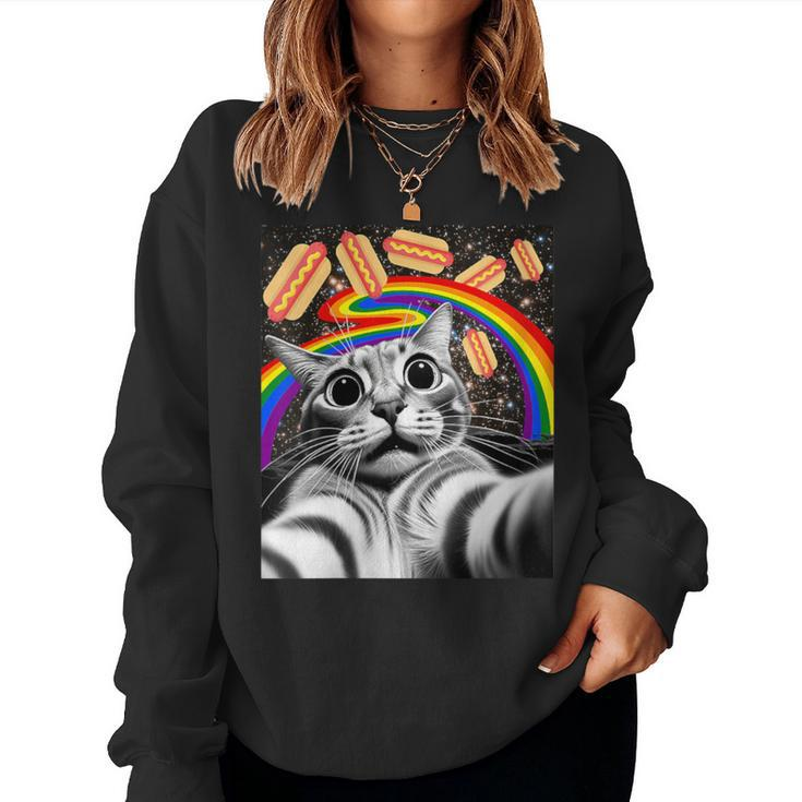 Graphic Rainbow Hotdog Ufos Cosmic Space Selfie Cat Women Sweatshirt