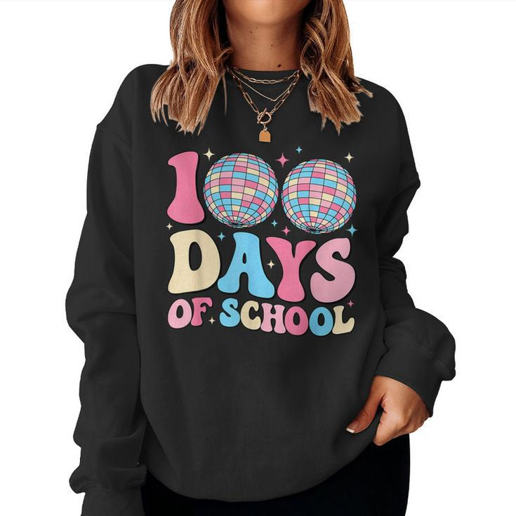 Happy 100Th Day Of School Teacher Groovy Disco Ball 100 Days Women Sweatshirt