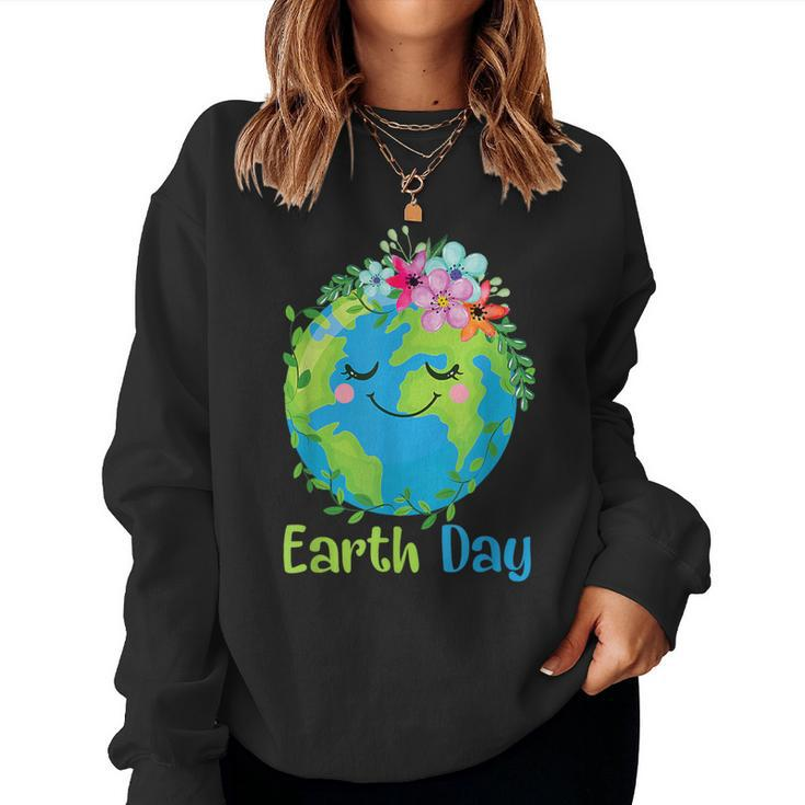 Happy Earth Day 2024 Cute Earth With Floral Earth Day Women Sweatshirt