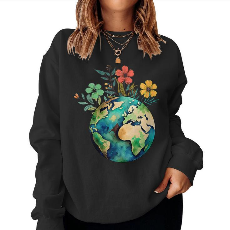 Happy Earth Day Cute Earth With Floral Earth Day 2024 Women Sweatshirt