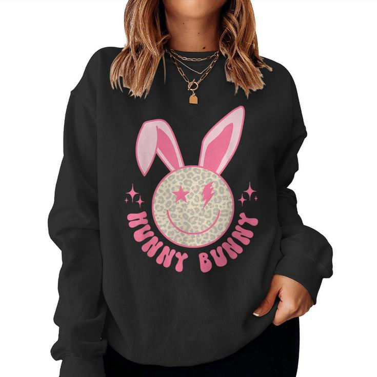 Hunny Bunny Retro Groovy Easter Leopard Smile Face Rabbit Women Sweatshirt