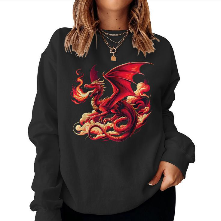 Mythical Red Dragon Breathes Fire On Clouds Boy Girl Dragon Women Sweatshirt